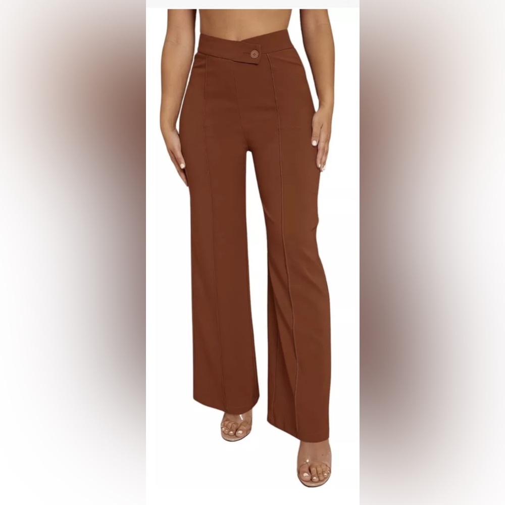 SweatyRocks Women's Overlap Waist Seam Front Wide Leg Pants Rust Brown Size XL